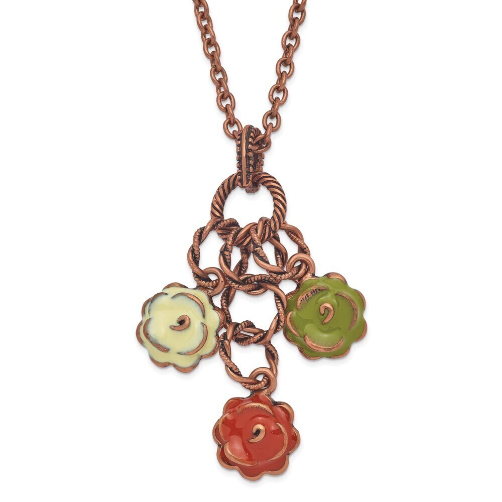Copper-tone Green Orange, Light Green Enameled Flower Dangle Adj. 16" Necklace